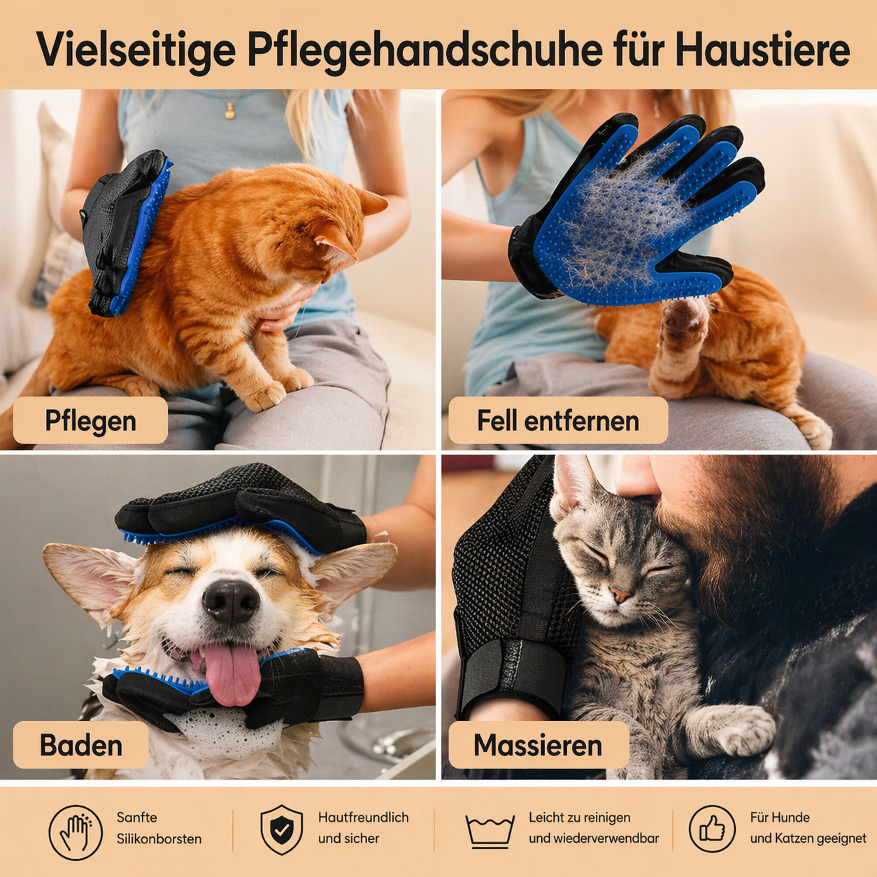 Haustier Fellpflege Handschuh – Haarentfernung & Massage für Hunde & Katzen